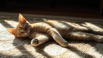 Ginger cat resting on a patterned rug, bathed in sunlight. photo