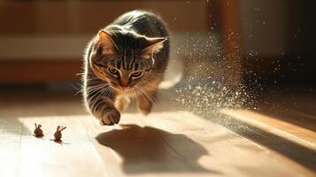 Playful tabby cat chasing tiny toys on a sunny floor. photo
