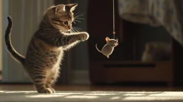 Playful kitten and toy mouse in a warm interior. photo