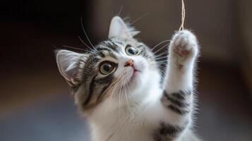 Playful kitten with a string toy in focus. photo