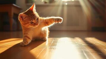 Playful ginger kitten reaching out on hardwood floor. photo