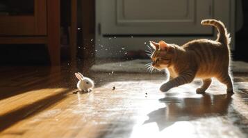 Playful ginger cat and white toy rabbit on wooden floor. photo