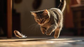 A playful tabby cat leaps in mid-air, chasing a feather. photo