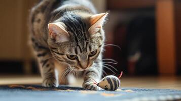 Playful tabby cat intently focused on a small toy. photo