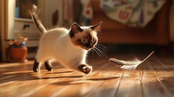 Playful kitten chasing a feather on a wooden floor. photo