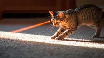 Playful tabby cat chases a laser pointer on a carpet. photo