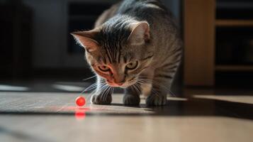 Curious tabby cat focused on a small, red object. photo