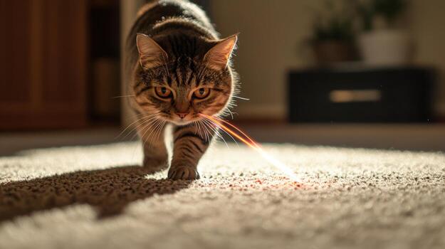 A tabby cat's attentive gaze on a carpeted floor. photo