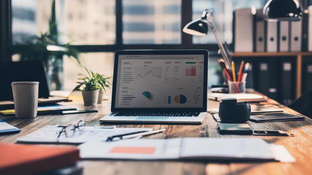 Modern office workspace with laptop displaying business data. photo