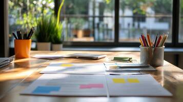 Workspace documents and supplies on a wooden table. photo