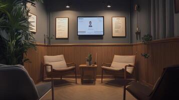 Intimate waiting area with warm wood paneling and comfortable seating. photo