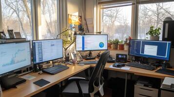 Multiple computer monitors arranged on a corner desk in a home office. photo
