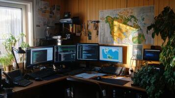 Organized workspace with multiple monitors and plants. photo