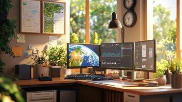 Home office workspace with multiple monitors and natural light. photo