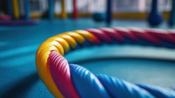 Close-up view of a colorful exercise hoop on a vibrant floor. photo