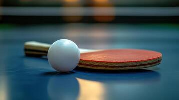 A ping pong paddle and ball on a table photo