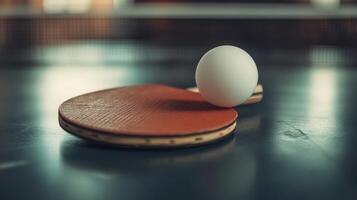 Close-up of a ping pong paddle and ball on a table. photo