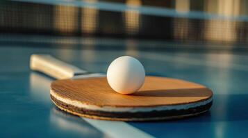 A ping pong paddle and an egg on a table photo