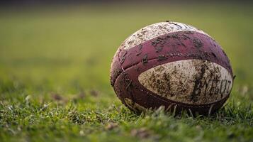 A dirty rugby ball rests on a grassy field. photo