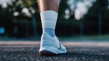Closeup view of athletic footwear and legwear. photo