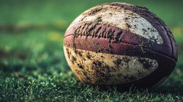 Close-up of a grimy football on a grassy field. photo
