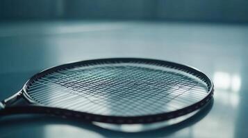 Close-up view of a tennis racket on a smooth surface. photo