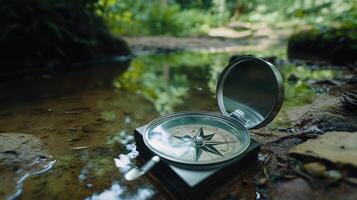 A vintage compass rests in a shallow forest stream. photo