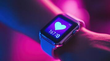 Close-up view of a modern fitness watch displaying vital signs. photo