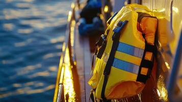 Bright yellow life vest hanging on a boat deck. photo
