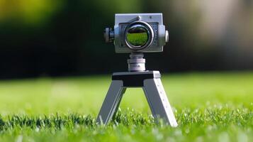 Small camera mounted on a tripod in a grassy field. photo