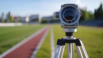 Close-up view of a survey instrument on a tripod. photo