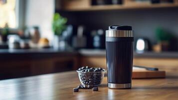 Dark gray travel mug beside a small bowl of coffee beans on a wooden kitchen table. photo