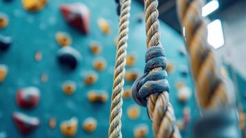 Close-up view of climbing ropes against a textured wall. photo