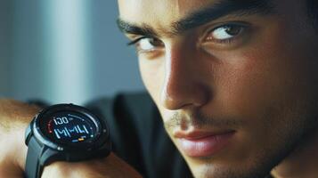 Close-up portrait of a person wearing a modern digital watch. photo