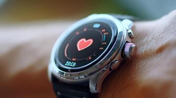 Close-up view of a modern fitness smart watch displaying heart rate data. photo