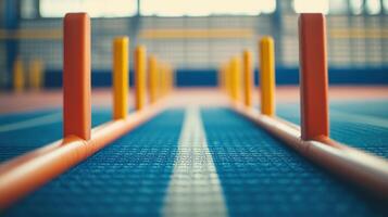 Indoor sports course markers aligned in a straight path. photo