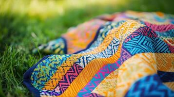 Vibrant patchwork quilt resting on a grassy surface. photo