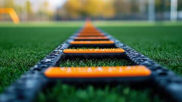 Perspective view of agility training ladder on a field. photo