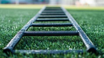 Black agility ladder on a grassy field. photo
