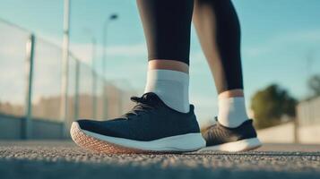 Close-up view of athletic footwear on a paved surface. photo