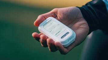 Close-up of a small white device held in a person's hand. photo