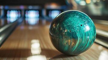 Teal bowling ball resting on a bowling lane. photo