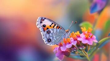 A colorful butterfly rests delicately on a vibrant flower. photo