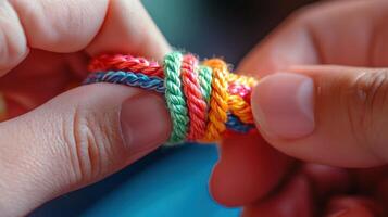 Close-up view of hands tying colorful braided cords. photo
