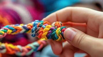 Close-up view of colorful braided cord in a hand. photo