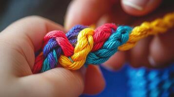 Close-up view of colorful braided ropes held by hands. photo
