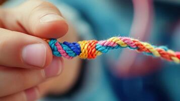Close-up view of a hand holding a colorful braided cord. photo