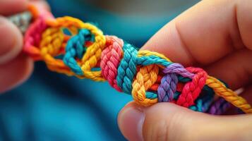 Close-up view of colorful braided cords in hands. photo
