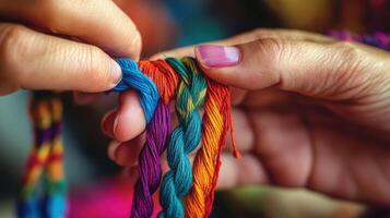 A person is holding a string of colorful yarn photo