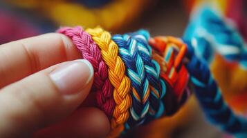 Close-up of colorful braided cords being held by a hand. photo
